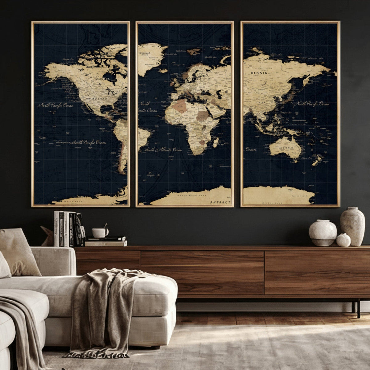 Dark World Map Canvas Wall Art Print, Minimal Black and Gold
