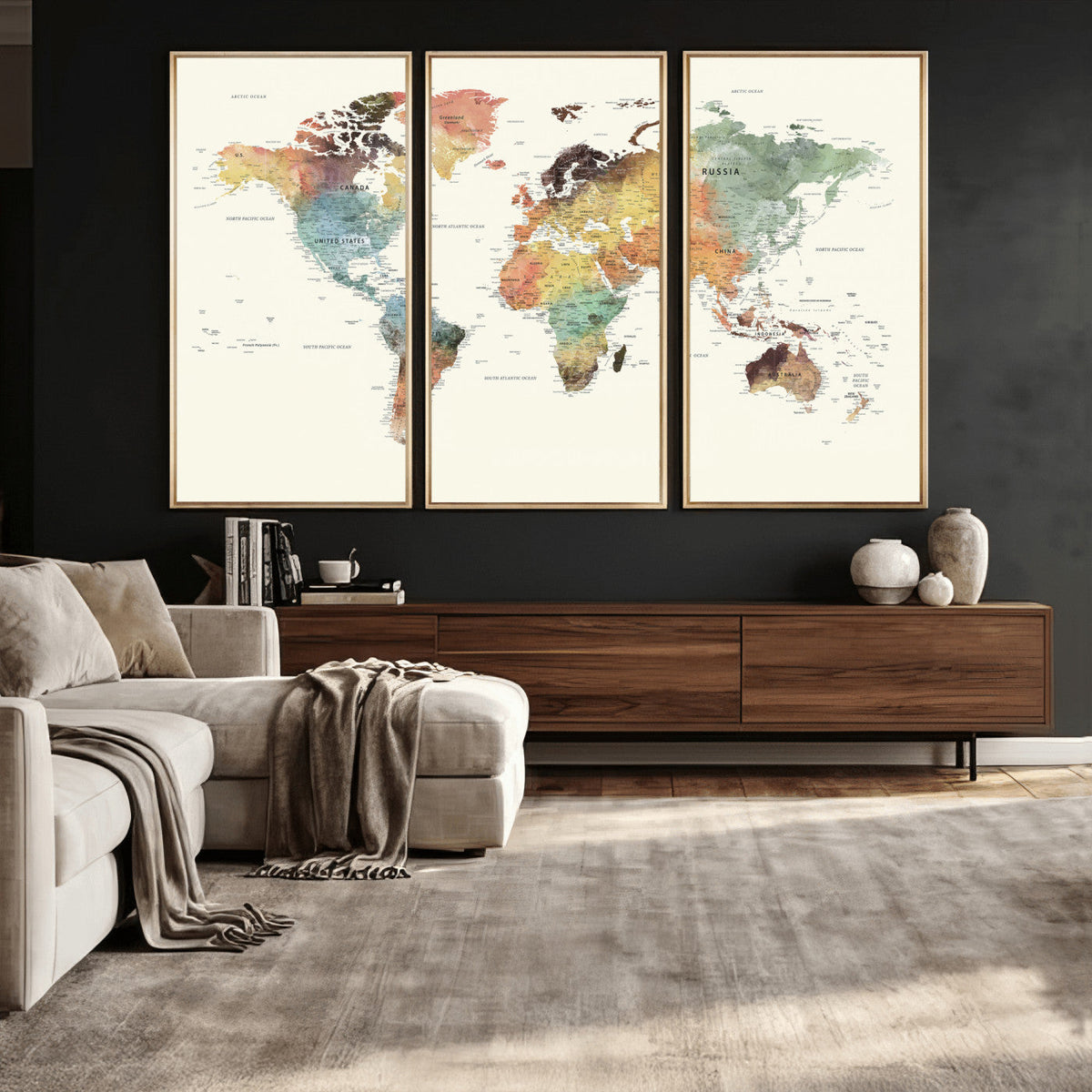 Framed World Map Wall Art Canvas Print for Living Room and