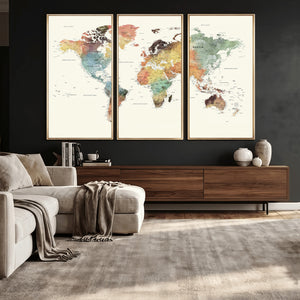 Framed World Map Wall Art Canvas Print for Living Room and