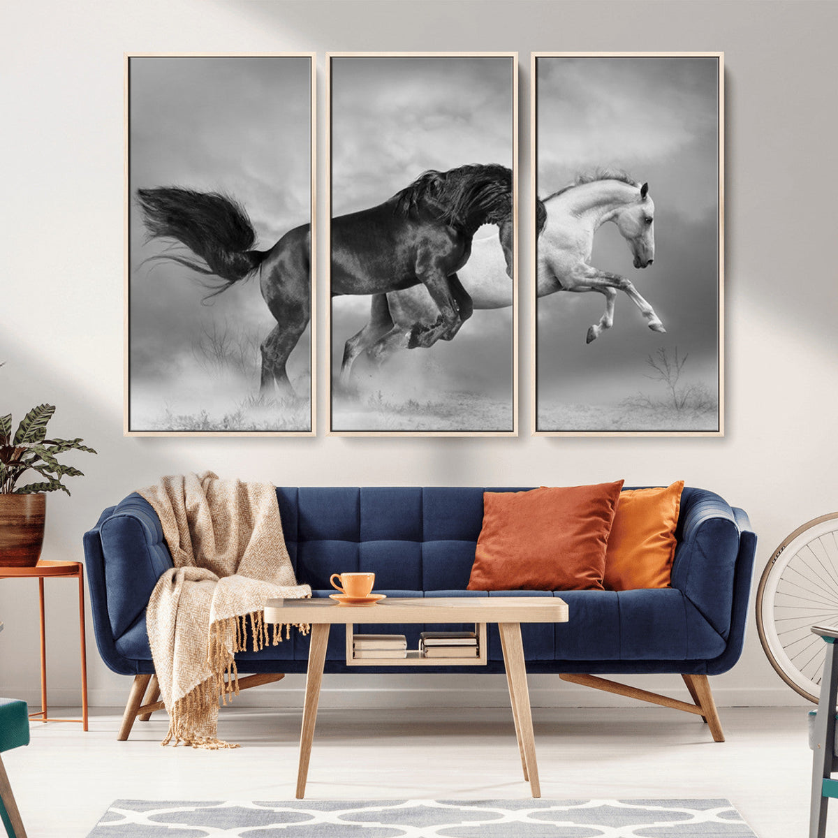 Wild Horses Wall Art Canvas Print – Framed Black and White