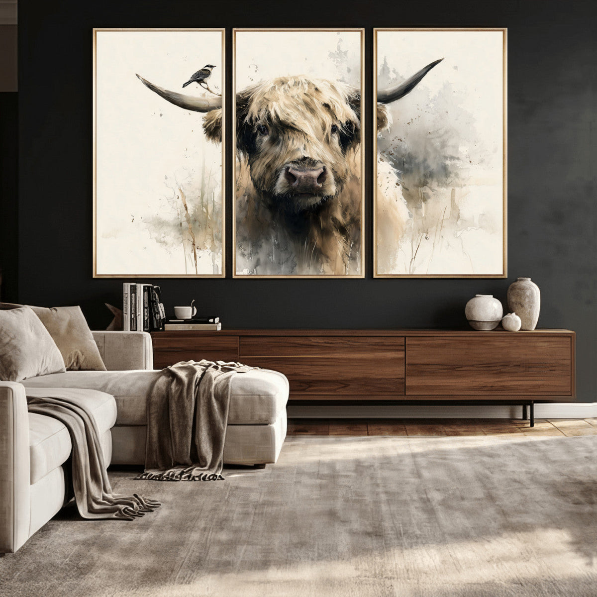 Abstract Highland Cow Wall Art Canvas Print, Rustic Farm