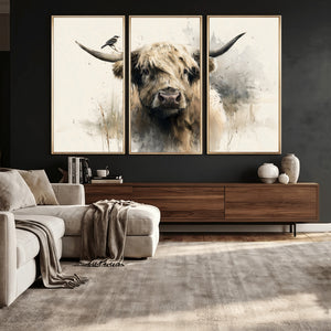 Abstract Highland Cow Wall Art Canvas Print, Rustic Farm