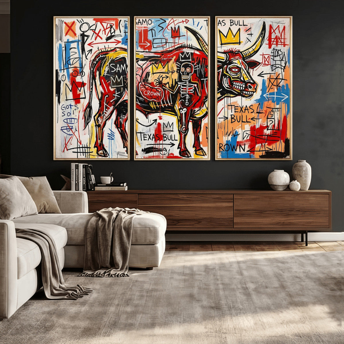 Texas Bull Wall Art Canvas Print, Abstract Graffiti Bull