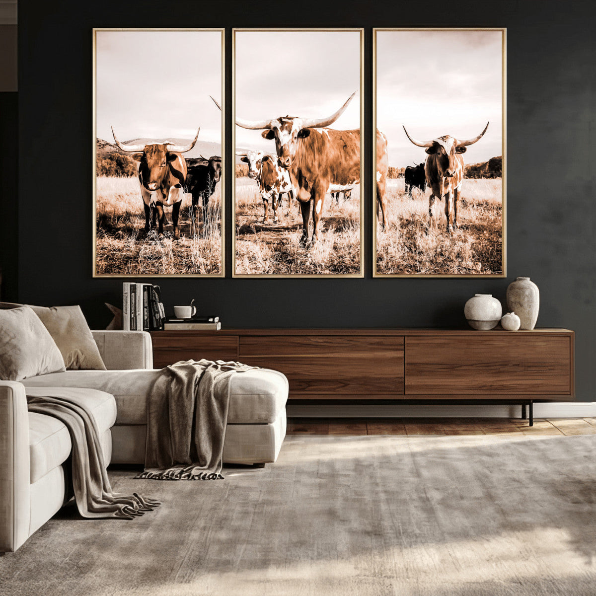 Texas Longhorn Cattle Wall Art Canvas Print, Sepia Western