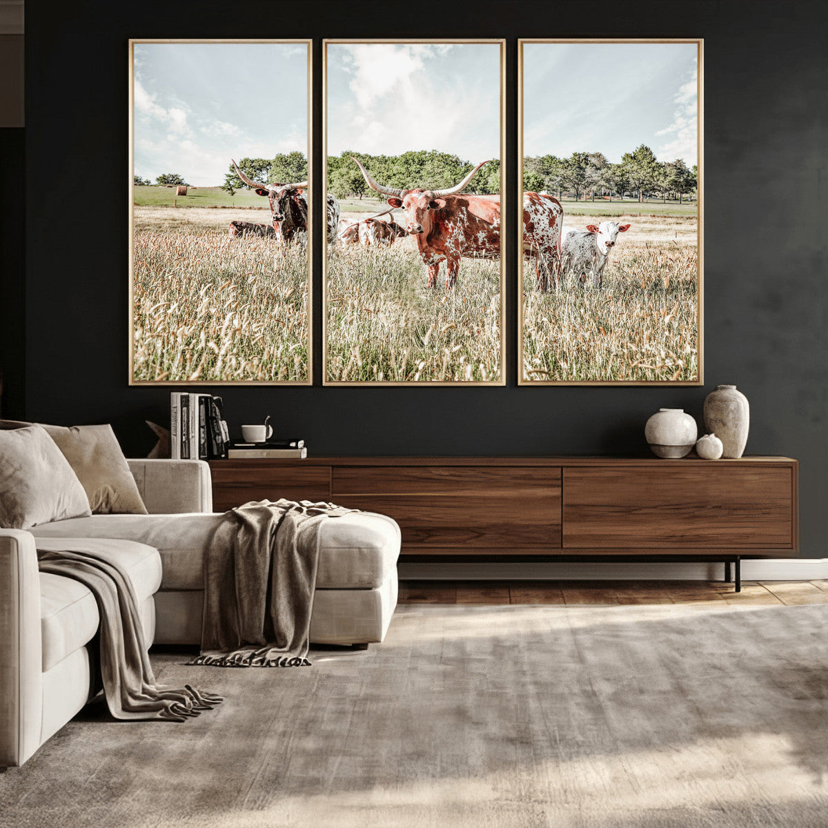 Texas Longhorn Cattle Wall Art Canvas Print, Rustic Ranch