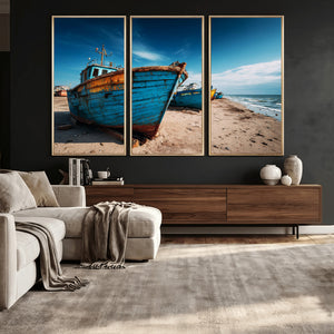 Coastal Fishing Boats Wall Art Canvas Print, Sunset Beach