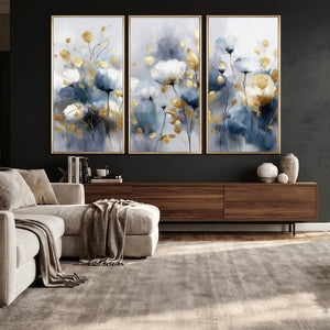 Large Abstract Flowers Wall Art Canvas Print – Gold and Blue