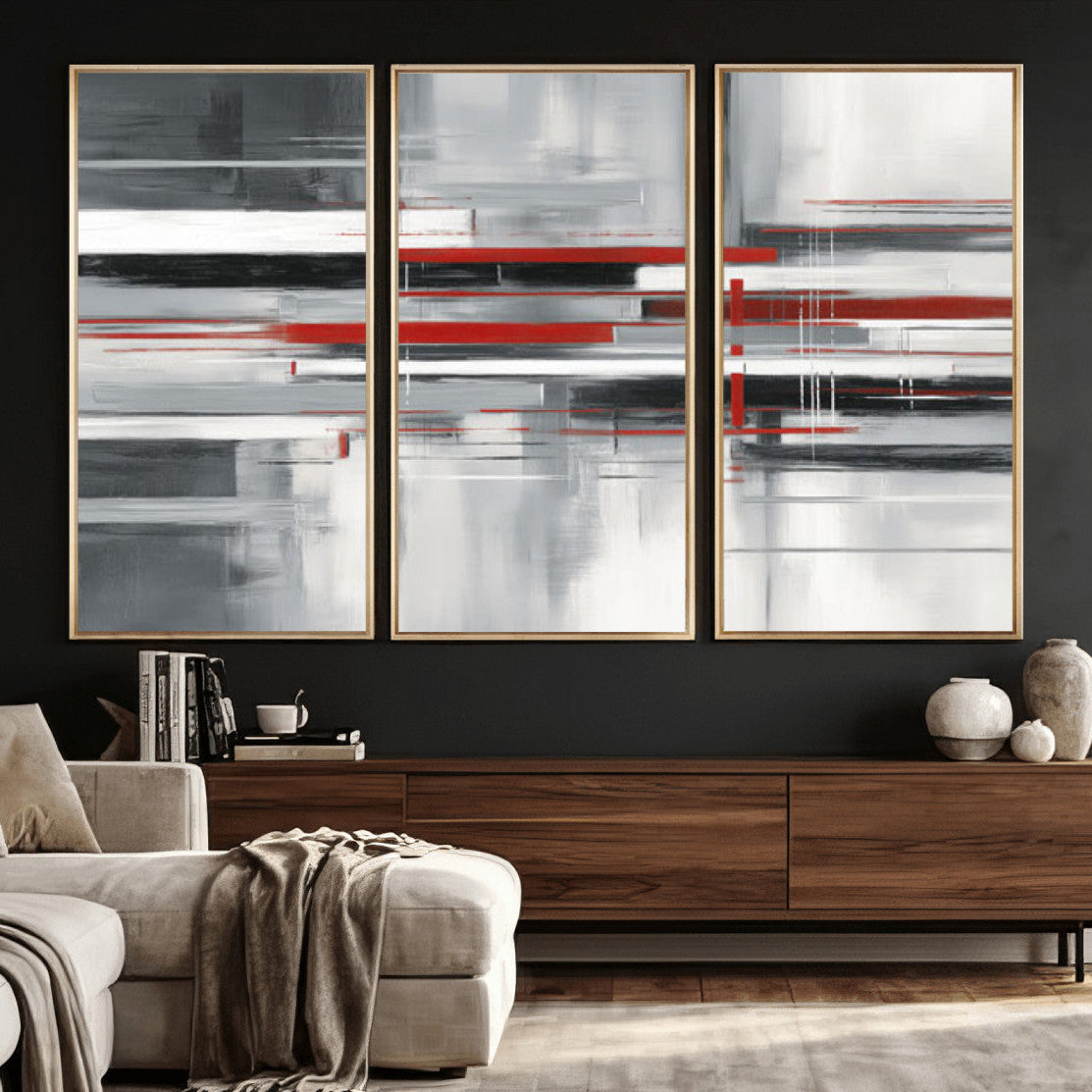 Gray Red Abstract Wall Art Canvas Print, Modern Abstract