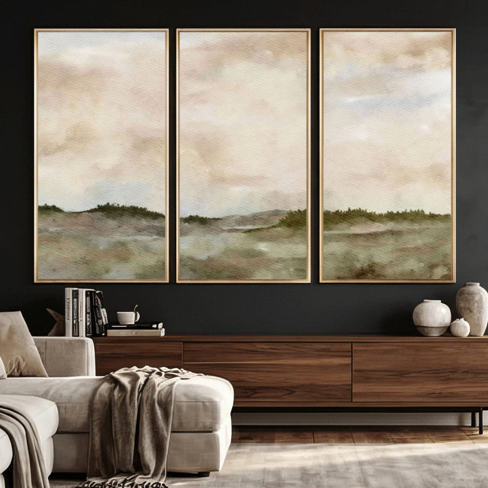 Muted Watercolor Hill Landscape Print — Beige Taupe Cloudy