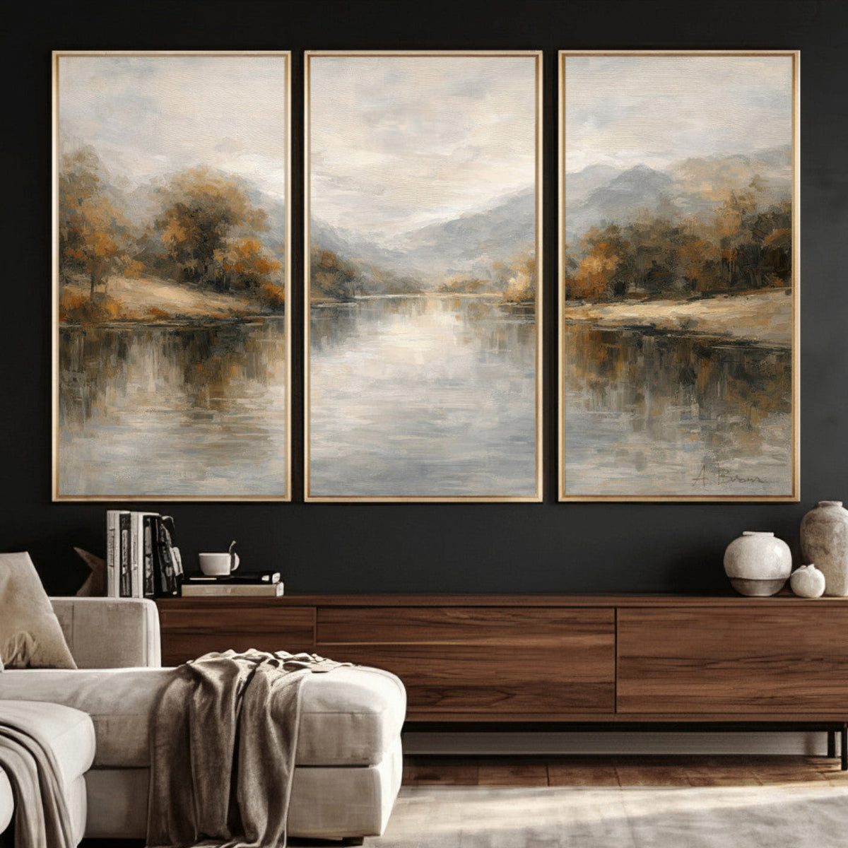 Neutral Abstract River Landscape Wall Art Canvas Print