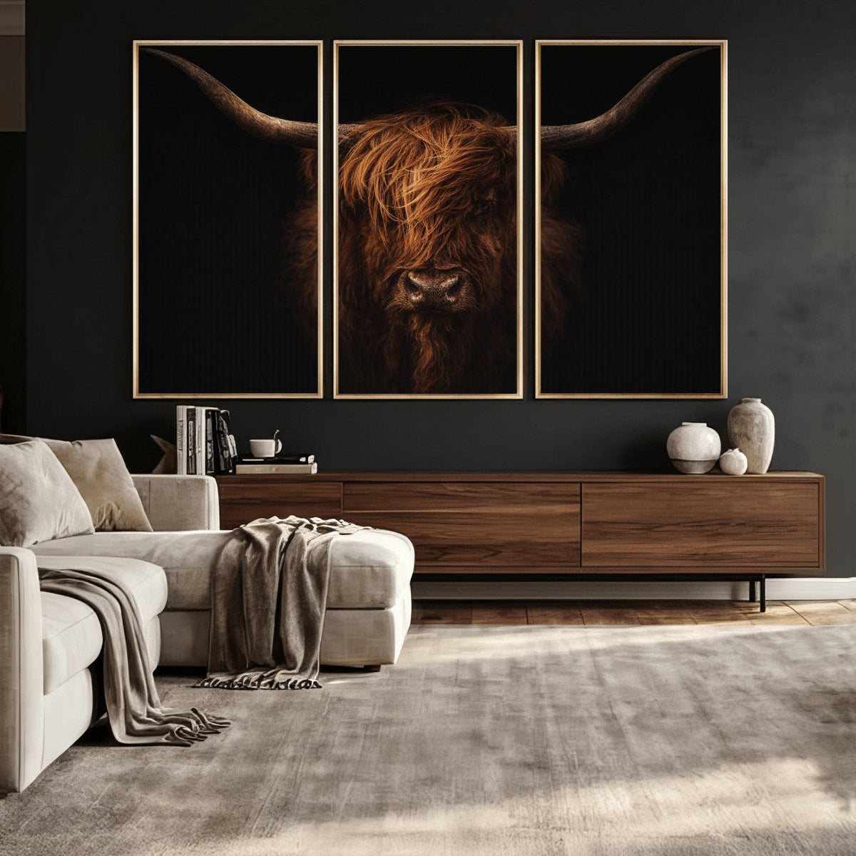 Highland Cow Wall Art Canvas Print – Moody Dark Rustic