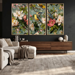 Vintage Birds and Flowers Wide Wall Art: Extra Large