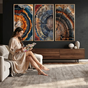Tree Ring Triptych Canvas Wall Art — Set of 3 Wood Grain