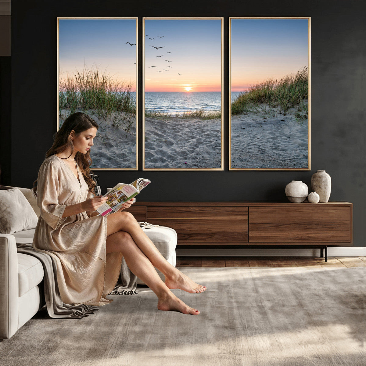 Sandy Dune Path Sunset Canvas Wall Art — Seagulls Beach