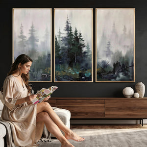 Misty Pine Forest Oil Painting Canvas — Dark Moody Teal Grey