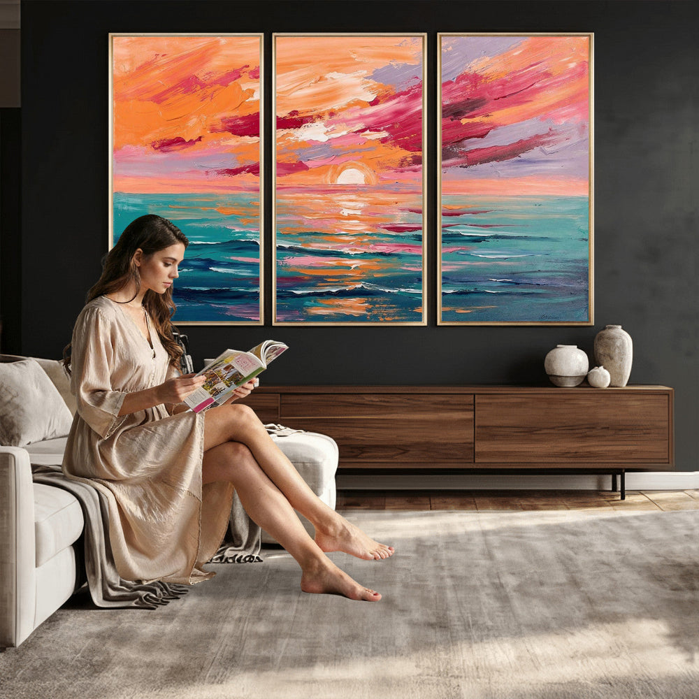 Bold Palette Knife Ocean Sunset Canvas — Orange Pink Teal