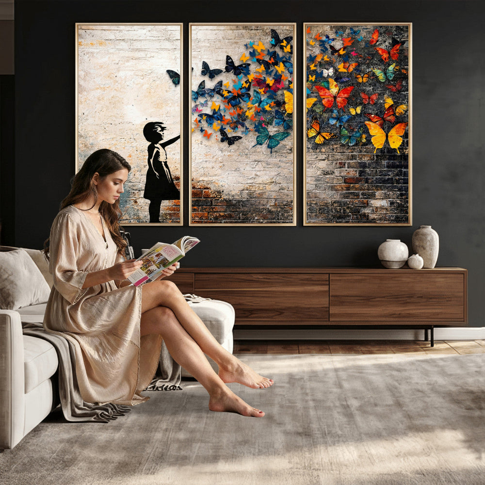 Banksy Graffiti Butterfly Girl Wall Art Canvas Print, Framed