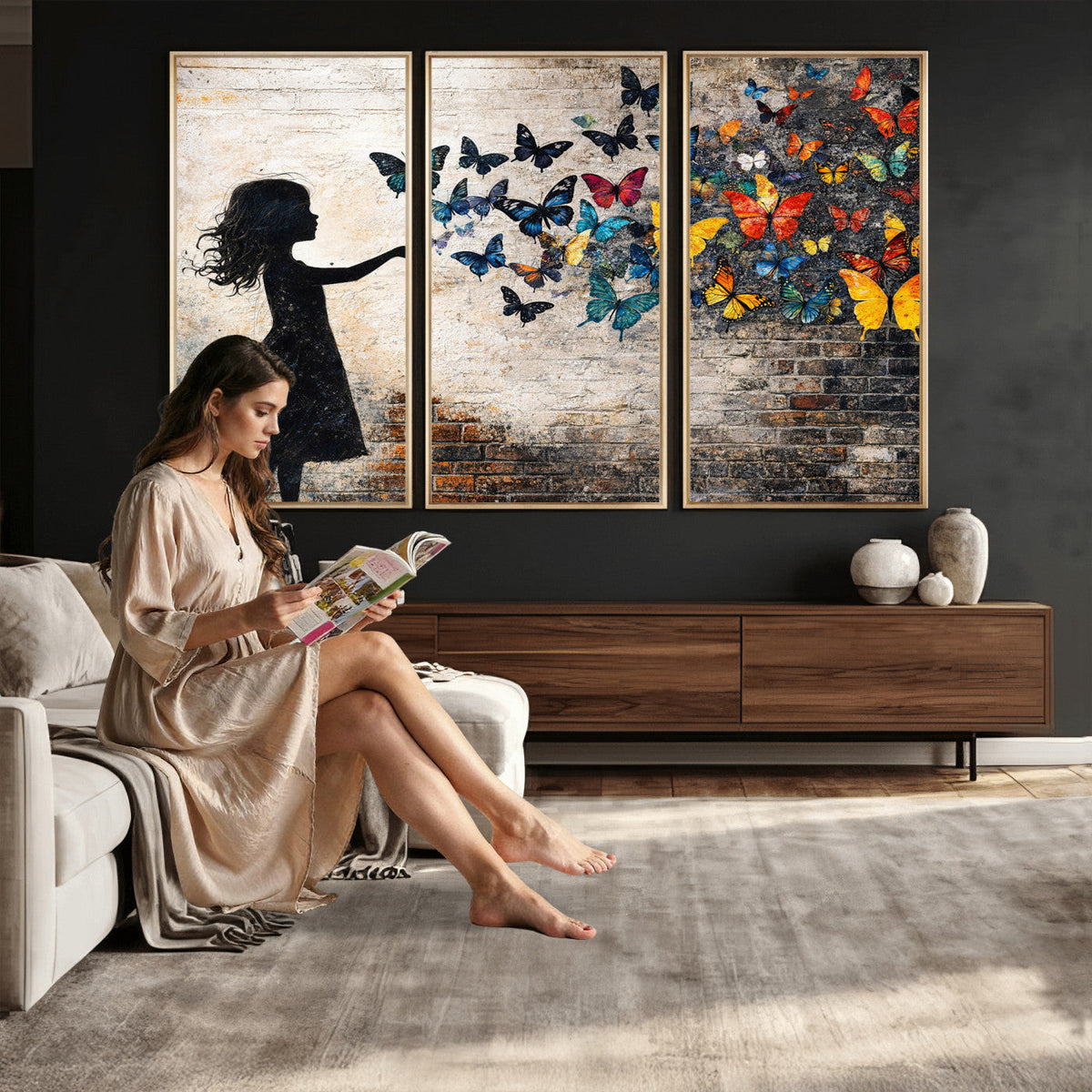 Banksy Butterfly Girl Wall Art Canvas Print, Framed Street
