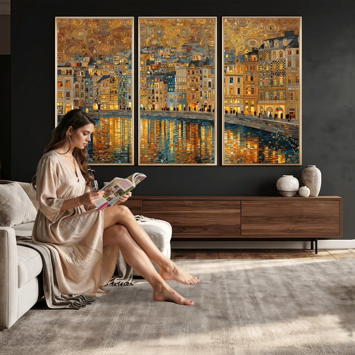 Gustav Klimt Golden Cityscape Wall Art Canvas Print, Framed