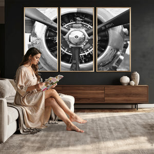 Vintage Propeller Plane Wall Art Canvas Print, Black and
