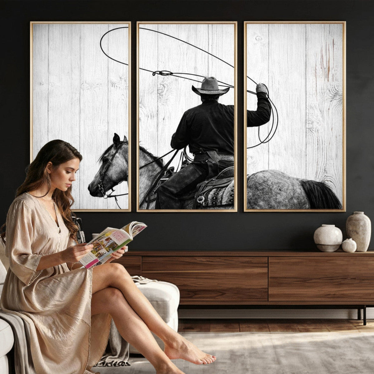 Cowboy Lasso Canvas Wall Art, Black White Western Horse