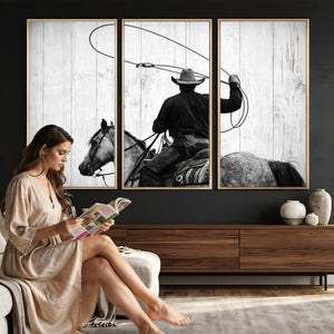Cowboy Lasso Canvas Wall Art, Black White Western Horse