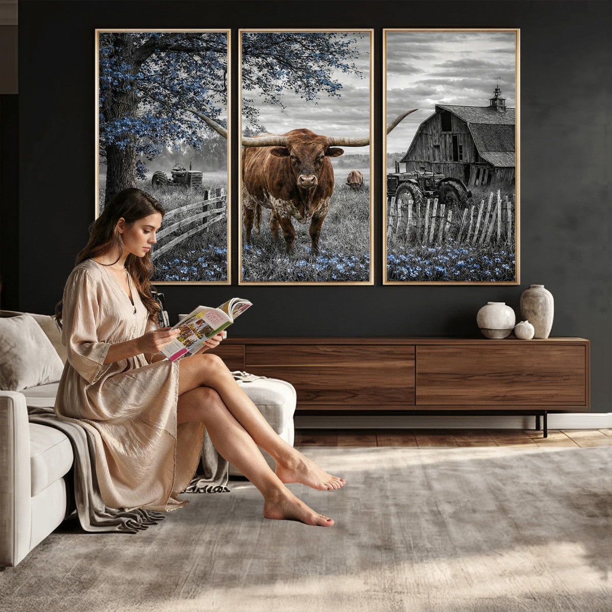 Texas Longhorn Canvas Wall Art, Rustic Farm Barn Bluebonnet