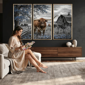 Texas Longhorn Canvas Wall Art, Rustic Farm Barn Bluebonnet