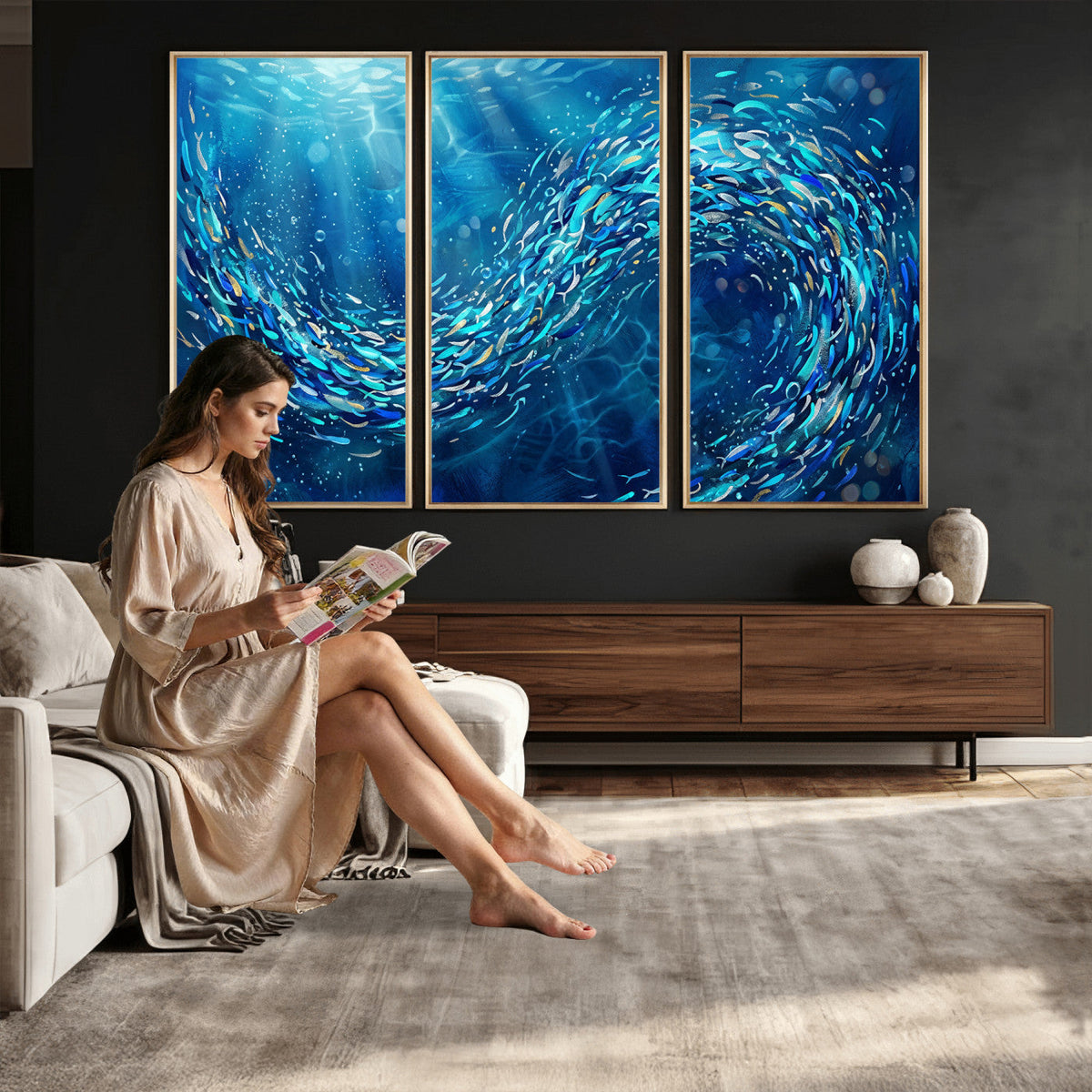 School of Fish Canvas Print | Blue Ocean Underwater Wall Art