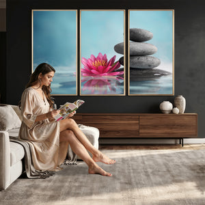Zen Canvas Wall Art Lotus Flower Stacked Stones Teal Spa