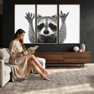 Funny Raccoon Canvas Wall Art, Black White Hands Up Animal Photo Print, Humorous Wildlife Decor, Kids Room Nursery Art, Quirky Animal Gift
