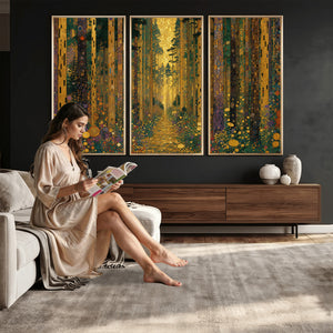 Gustav Klimt Style Forest Canvas Wall Art, Golden Forest Path Floral Art Nouveau Print, Enchanted Woodland Decor