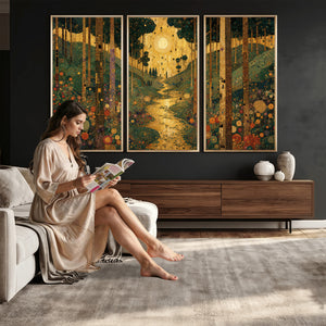 Gustav Klimt Style Forest Canvas Wall Art, Golden Forest Path Floral Art Nouveau Print, Enchanted Woodland Decor