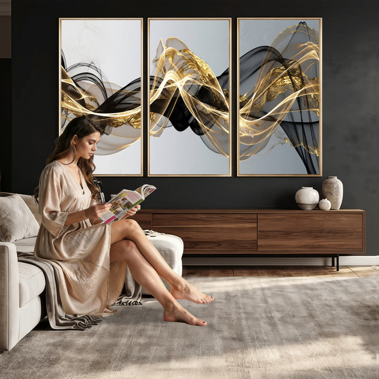 Black and Gold Abstract Wall Art, Modern Wave Canvas Print, Elegant Flowing Smoke Art, Luxury Living Room Decor
