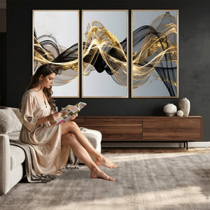 Black and Gold Abstract Wall Art, Modern Wave Canvas Print, Elegant Flowing Smoke Art, Luxury Living Room Decor