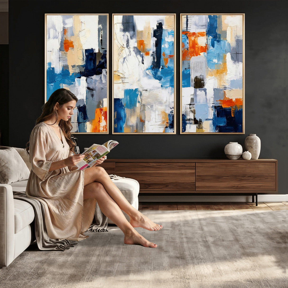 Blue Teal Abstract Canvas Wall Art, Modern Textured Painting Print, Navy Orange White Contemporary Art, Neutral Living Room Decor, Office Art