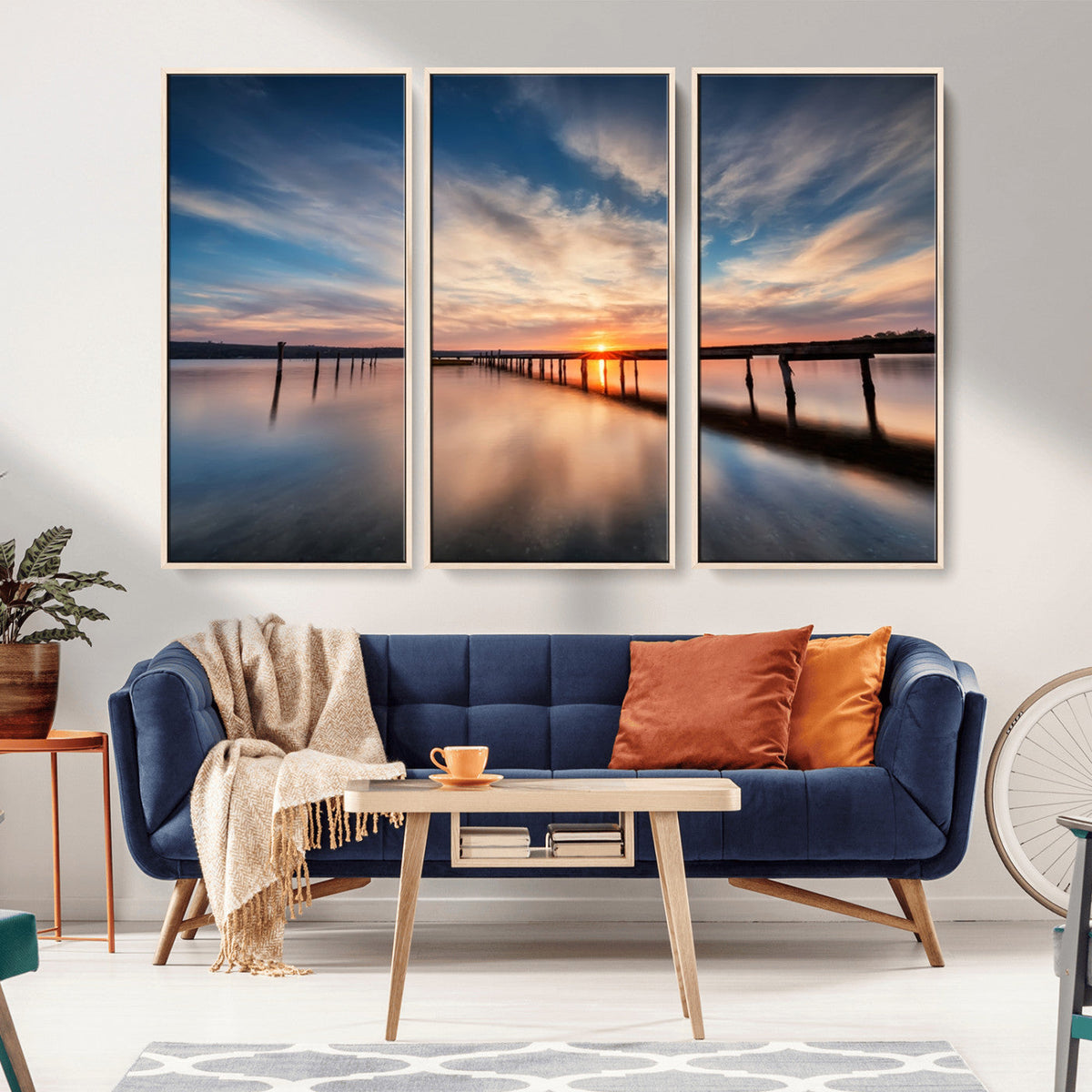 Wooden Pier on Seascape and Sunset Wall Art Canvas Print