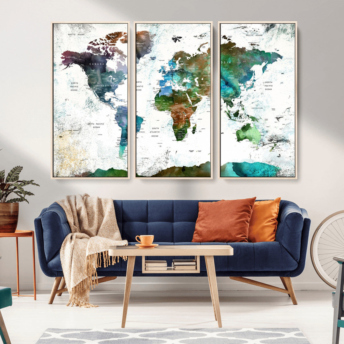 Modern Watercolor World Map Canvas Wall Art – Framed