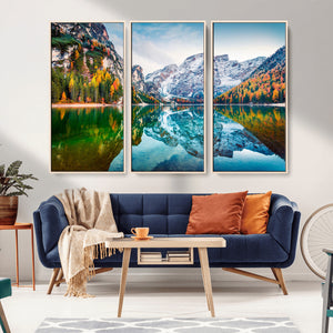 Spectacular autumn view of Braies Lake Wall Art Canvas Print