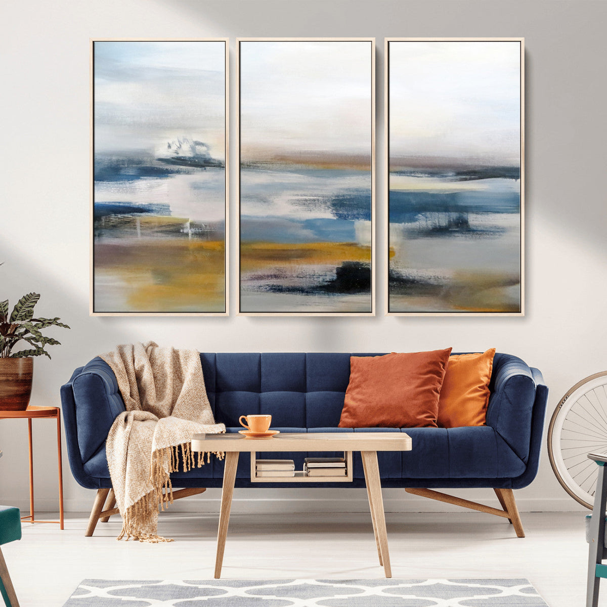 Abstract Landscape Wall Art Canvas | 3 Panel Modern Blue,