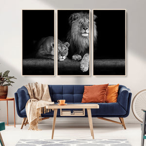 Large Black and White Lion Couple Wall Art Canvas Print –