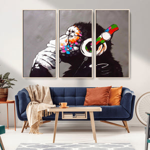 Dj Monkey Listening to Music Wall Art Print | Banksy Monkey