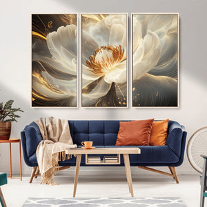 Gold Floral Wall Art Canvas Print, Framed Modern Flower Art
