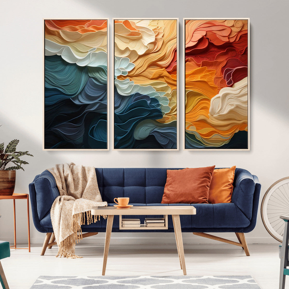 Blue Orange Abstract Wave Wall Art Canvas Print, Framed Blue