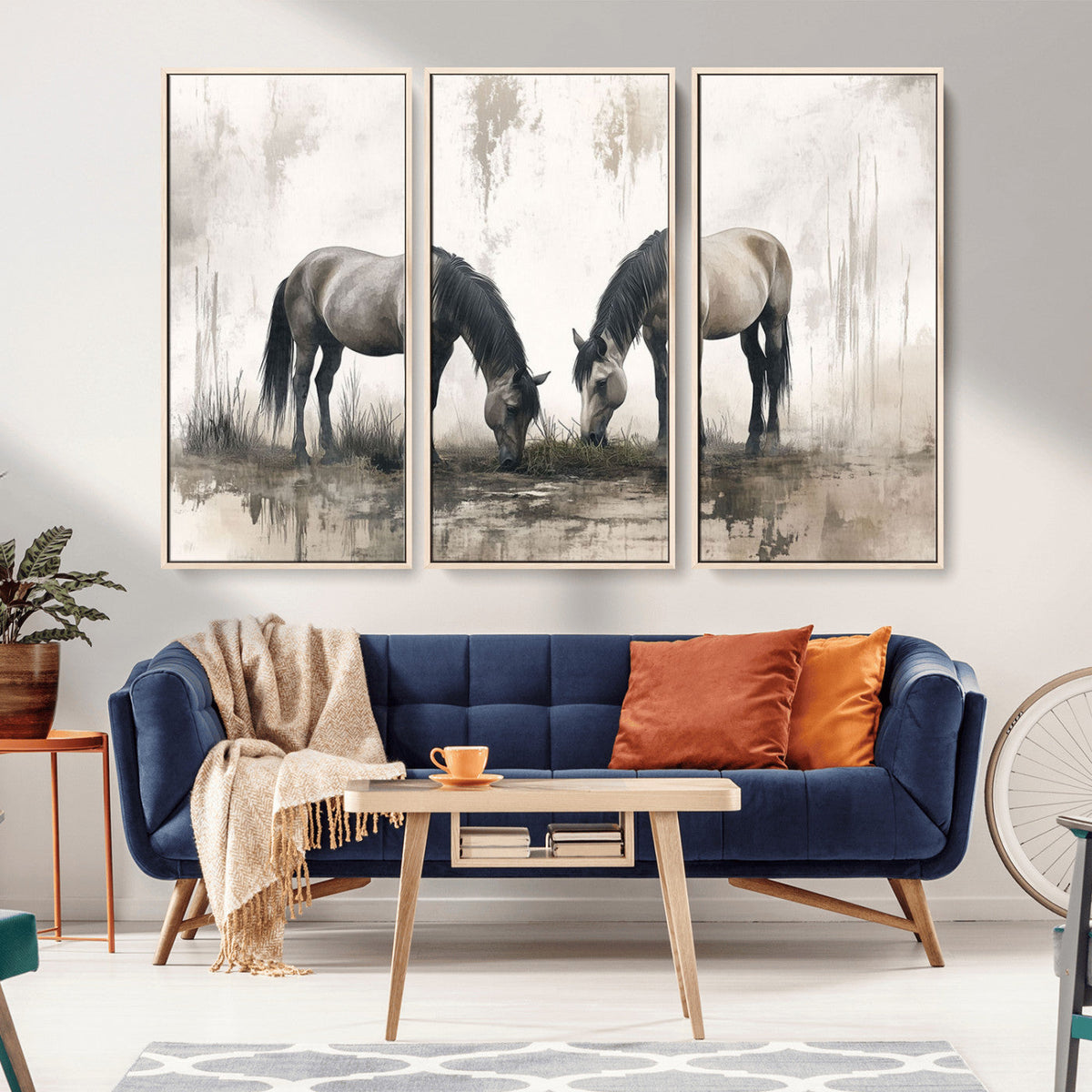 Chines Ink Style Vintage Horses Wall Art Canvas Print for