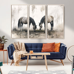 Chines Ink Style Vintage Horses Wall Art Canvas Print for
