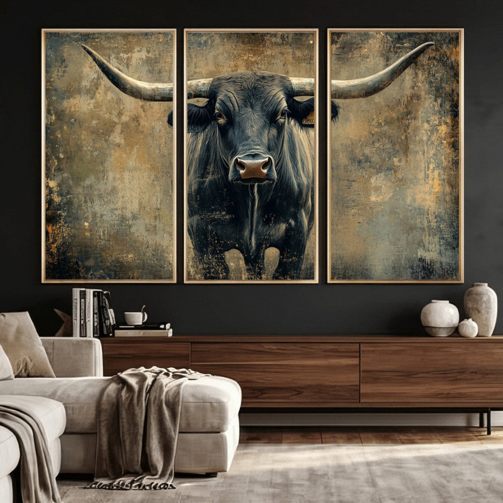 Texas Longhorn Bull Wall Art – Framed Rustic Cow Canvas