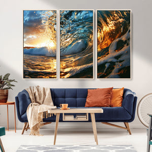 Ocean Wave at Sunset Canvas Wall Art – Vibrant Coastal Beach