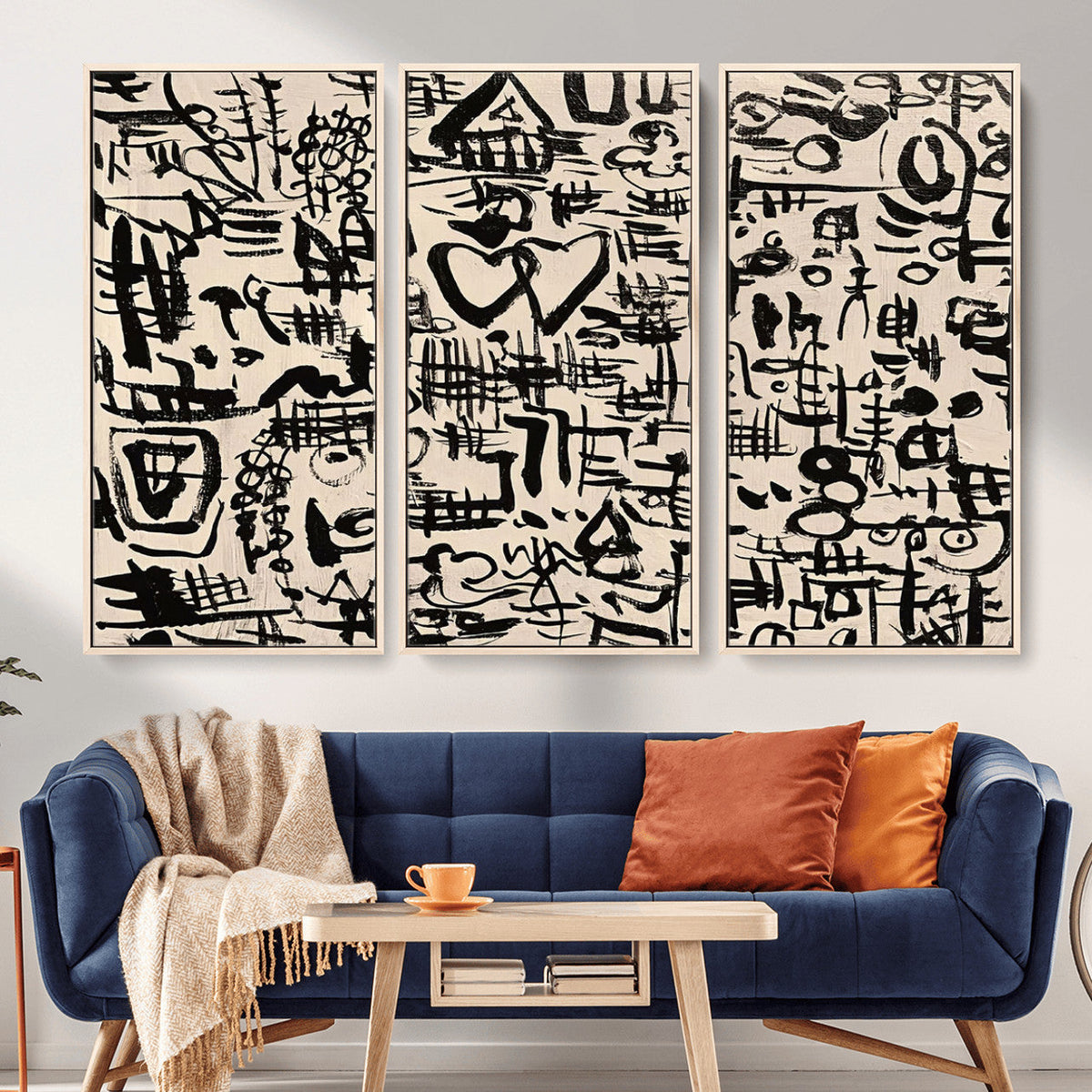 Abstract Love and Chaos Canvas Print, Black Symbols on Beige