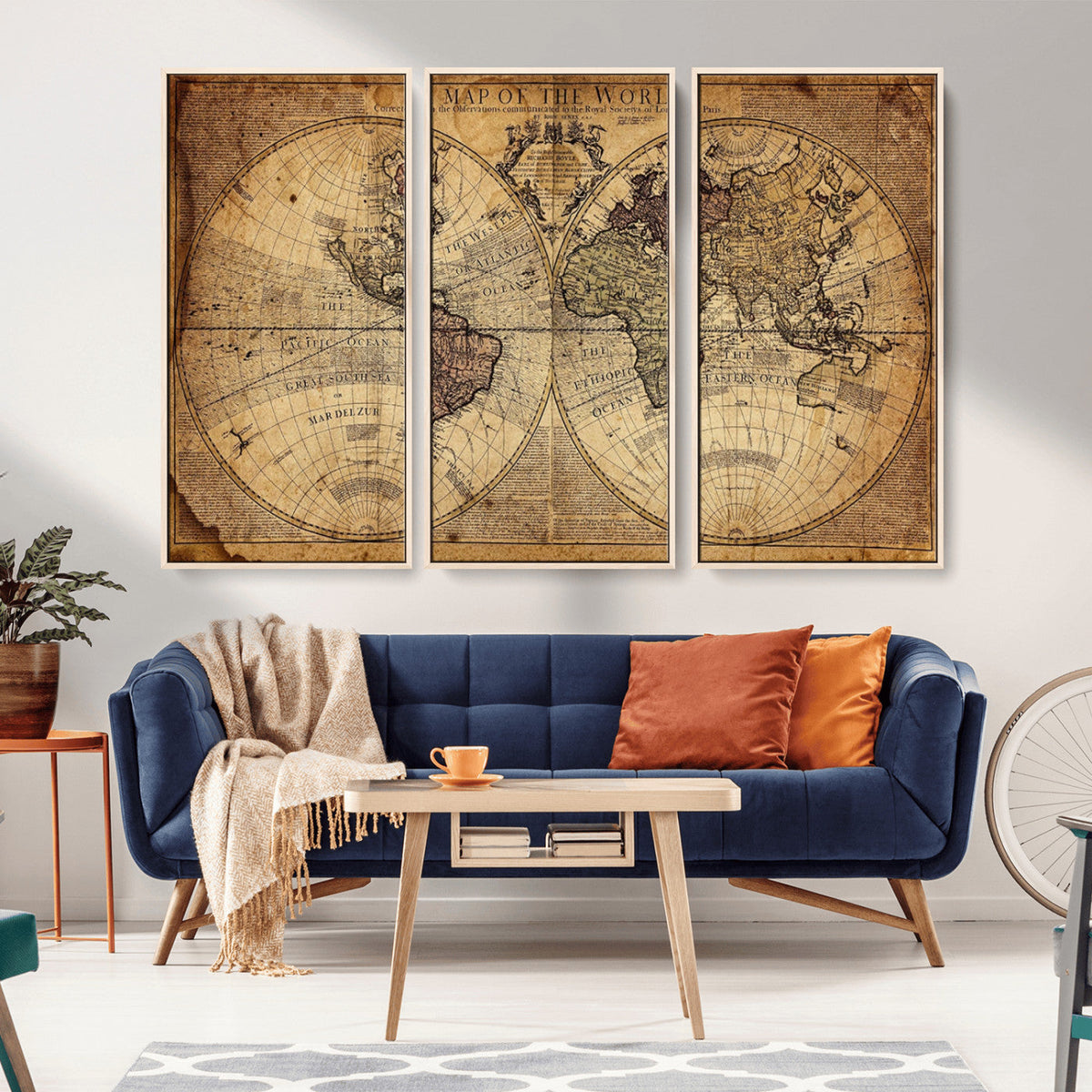 Vintage World Map Wall Art Canvas – Antique Style Push Pin